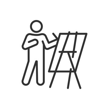 Artist paints on an easel, linear icon. Line with editable stroke