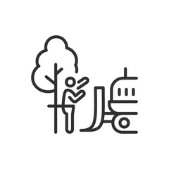 Plant protection, park demolition, linear icon, plants, protest, demonstration. Man in front of bulldozer. Line with editable stroke