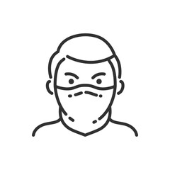A person with their face covered with a bandana or scarf, linear icon. Disguised criminal. Line with editable stroke