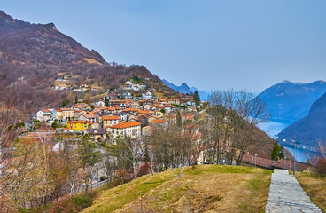 Bre village and landscape of Lugano Prealps, Ticino, Switzerland