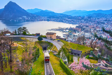 Monte San Salvatore, funicular and Lake Lugano from Albonago village, Switzerland - obrazy, fototapety, plakaty