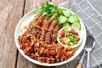 Rice fried Mantis shrimp with garlic , thai food, kang, top view food table