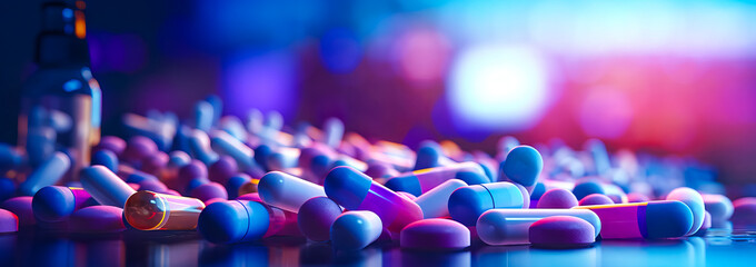 Lot of colorful capsules lying on table close up background. Pharmaceutical industry - obrazy, fototapety, plakaty
