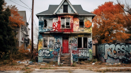 Abandoned two-story house painted with grafitti