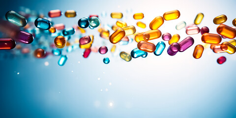 Lot of colorful capsules or pills falling against blue background. Pharmaceutical industry future
