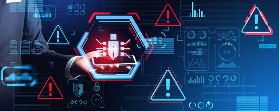 Businessman showing phone with bug virus, indicators. Ai generative illustration