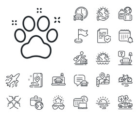 Dog paw sign. Plane jet, travel map and baggage claim outline icons. Pet friendly line icon. Hotel service symbol. Pet friendly line sign. Car rental, taxi transport icon. Place location. Vector