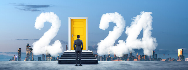 Businessman looking at door, 2024 year and New Year. Ai generative illustration - obrazy, fototapety, plakaty