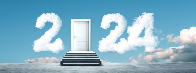 Stairs and the door, 2024 year and sky clouds. Ai generative illustration
