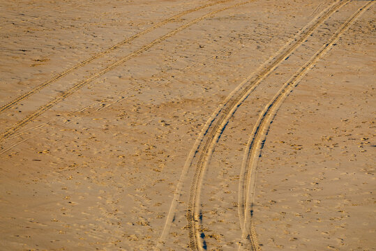 Traces on sand. Tire tracks on the sand of a beach.