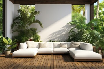 On an open-air deck, a large sunlit sofa is adorned with plants, creating a welcoming and refreshing outdoor space for relaxation and enjoyment. Photorealistic illustration