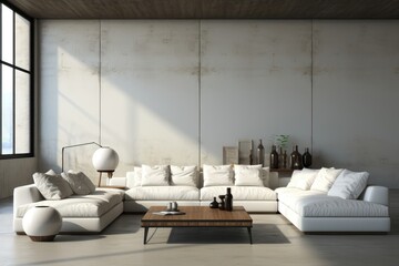Fototapeta na wymiar In a sunlit lounge with concrete walls and floors, a large sofa creates a modern and minimalist aesthetic, offering a comfortable and well-lit space for relaxation. Photorealistic illustration