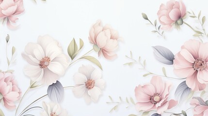 Fototapeta na wymiar Dainty Abstract flower Bright and cute colors pattern, simple, neutral flowers on white background Seamless pattern of elegant, dainty, neutral watercolor floral for fabric, home decor, and wrapping