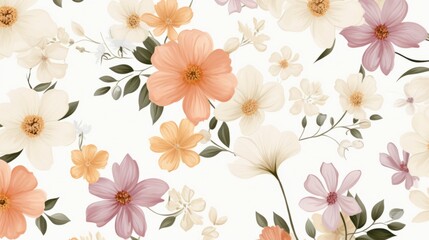 Dainty Abstract flower Bright and cute colors pattern, simple, neutral flowers on white background Seamless pattern of elegant, dainty, neutral watercolor floral for fabric, home decor, and wrapping