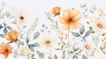 Dainty Abstract flower Bright and cute colors pattern, simple, neutral flowers on white background Seamless pattern of elegant, dainty, neutral watercolor floral for fabric, home decor, and wrapping