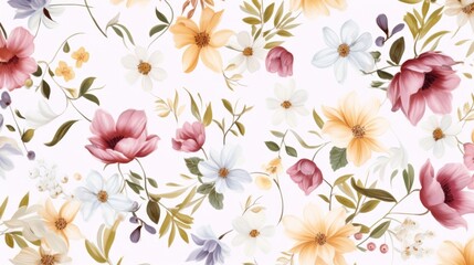 Obraz premium Dainty Abstract flower Bright and cute colors pattern, simple, neutral flowers on white background Seamless pattern of elegant, dainty, neutral watercolor floral for fabric, home decor, and wrapping