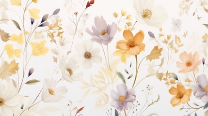 Fototapeta na wymiar Dainty Abstract flower Bright and cute colors pattern, simple, neutral flowers on white background Seamless pattern of elegant, dainty, neutral watercolor floral for fabric, home decor, and wrapping