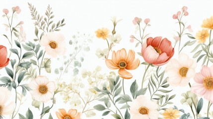 Dainty Abstract flower Bright and cute colors pattern, simple, neutral flowers on white background Seamless pattern of elegant, dainty, neutral watercolor floral for fabric, home decor, and wrapping