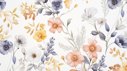 Dainty Abstract flower Bright and cute colors pattern, simple, neutral flowers on white background Seamless pattern of elegant, dainty, neutral watercolor floral for fabric, home decor, and wrapping