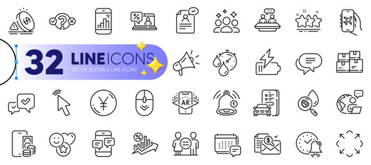 Outline set of Smile, Yen money and Resume document line icons for web with Equality, Phone messages, Scroll down thin icon. Megaphone, Phone pay, Water analysis pictogram icon. Squad. Vector