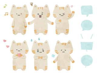 Obraz premium 感情表現する水彩風のかわいい猫のイラストセット