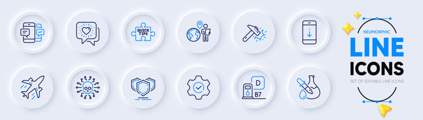 Outsource work, Plane and Diesel station line icons for web app. Pack of Cyber attack, Shields, Scroll down pictogram icons. Friends chat, Hammer blow, Execute signs. Quick tips. Vector
