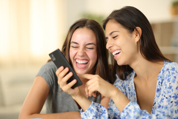 Two joyful roommates laughing watching media on phone