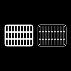 Grating grate lattice trellis net mesh BBQ grill grilling surface rectangle shape roundness set icon white color vector illustration image solid fill outline contour line thin flat style