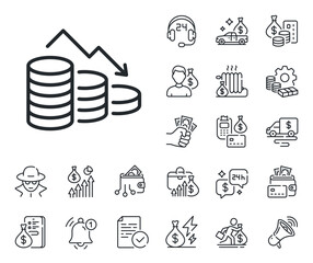 Financial crisis sign. Cash money, loan and mortgage outline icons. Money loss line icon. Business bankruptcy symbol. Money loss line sign. Credit card, crypto wallet icon. Vector