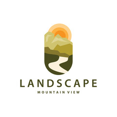 Obraz premium Landscape logo nature adventure design mountain and river luxury vector illustration