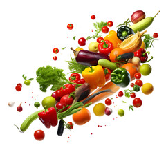 Many fresh vegetables and fruits falling on white background.
