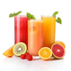 Fototapeta premium Different tasty juices and fresh ingredients on white background.