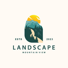 Landscape logo nature adventure design mountain and river luxury vector illustration