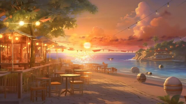 Picture an anime coastal haven where animated characters unite for a sunset gathering. The tranquil shore reflects the fading sun, creating a mesmerizing 4K time-lapse,  Ai Generated