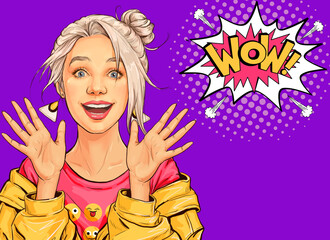 Surprised woman on Pop art background . Advertising poster or party invitation with sexy young smiling girl in comic style. Expressive facial expressions - 687867554