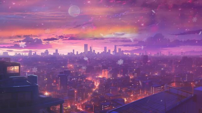 Picture an anime urban skyline where animated characters gather for a night of city lights. The tranquil cityscape reflects the illuminated sky, creating a mesmerizing 4K time-lapse  Ai Generated
