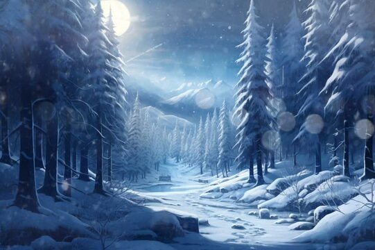 Embark on a mystical journey through a snowy forest filled with enchanting creatures, capturing the ethereal glow of moonlight on the snow-covered trees, cinematic panorama, Ai Generated