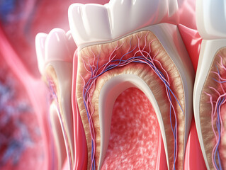 Teeth in gums with tooth anatomy detailed view. Generative AI.