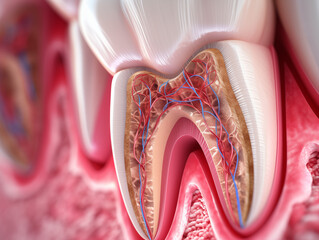 Teeth in gums with tooth anatomy detailed view. Generative AI.