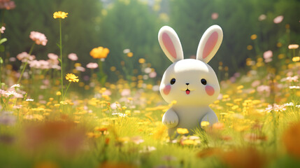 Cute Cartoon Bunny in a Meadow