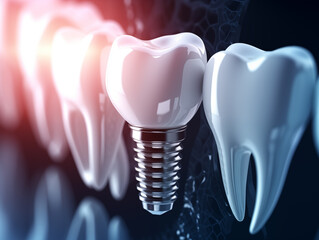 Teeth with dental implant. Futuristic concept of new technologies in dentistry. Generative AI. 
