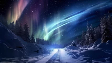 Fotobehang northern lights with sky on snowy path, in the style of video glitches, igor zenin, sky-blue and brown, made by generatiive ai © ImronDesign