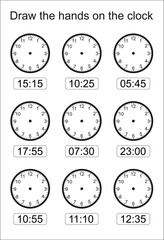 Game for kids. What time is it? Draw hands on the clock face. Time worksheet practice print page. Educational exercises for kids.Useful games for preschool and kindergarten.