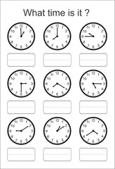 Game for kids. What time is it? Educational exercises for kids. Worksheets for practicing motor skills of children. Useful games for preschool and kindergarten. - obrazy, fototapety, plakaty