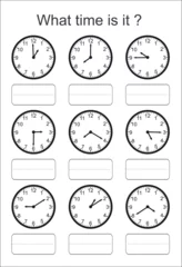 Foto op Canvas Game for kids. What time is it? Educational exercises for kids. Worksheets for practicing motor skills of children. Useful games for preschool and kindergarten. © Iryna