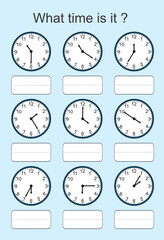 Game for kids. What time is it? Educational exercises for kids. Worksheets for practicing motor skills of children. Useful games for preschool and kindergarten.