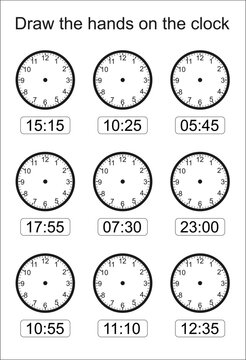 Game for kids. What time is it? Draw hands on the clock face. Time worksheet practice print page. Educational exercises for kids.Useful games for preschool and kindergarten.