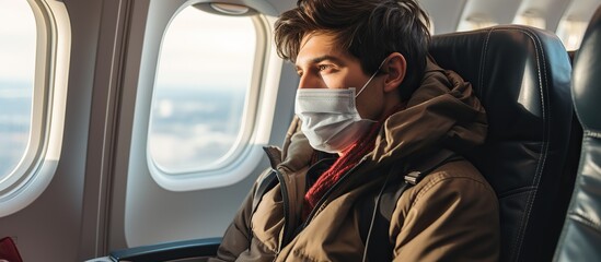 young man with mask sitting on aircraft seat among many passengers in plane in quarantine days - obrazy, fototapety, plakaty