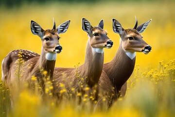 roe deer, capreolus capreolus, couple  int rutting season staring on a field with yellow wildflowers. two wild animals standing close together. love concept--