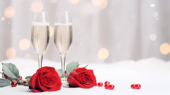Two glasses of champagne with a red rose bokeh lights in the background.